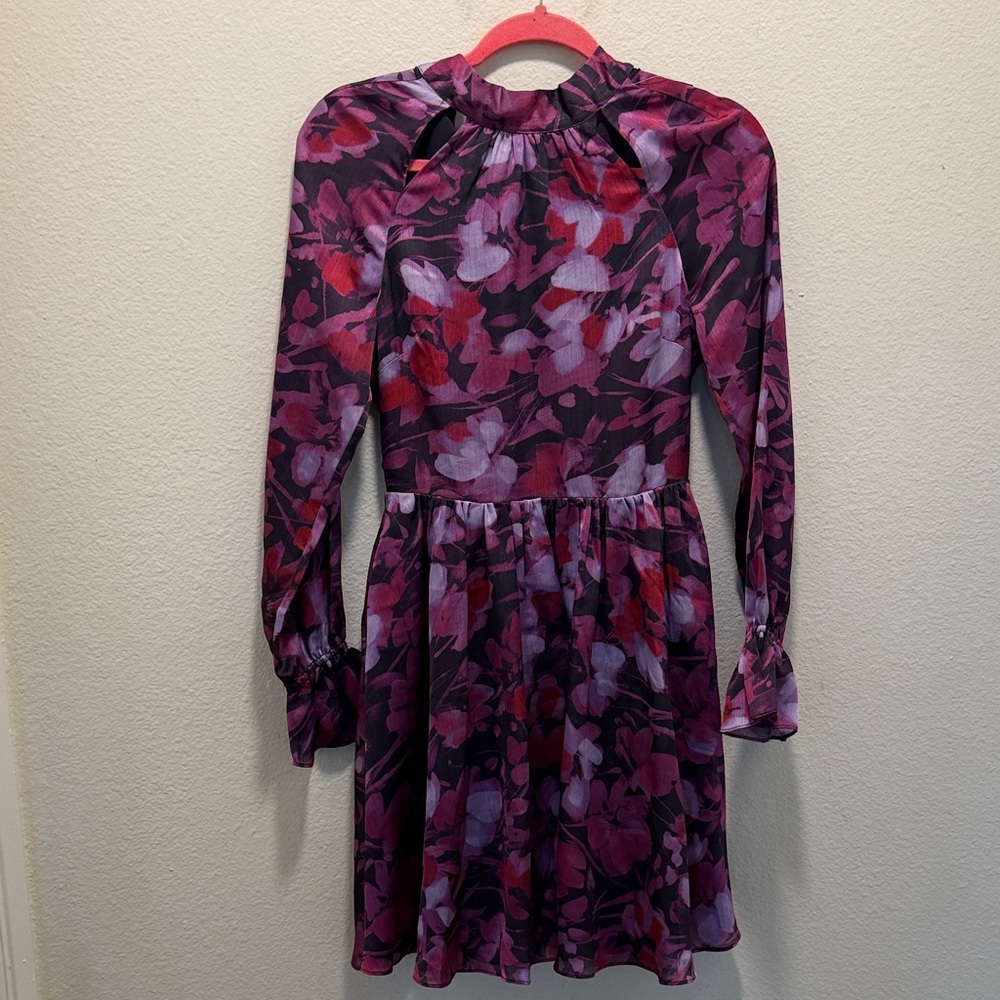 NWT Ted Baker Sammieh Purple Floral Long Sleeve High Neck Flare Mini Dress Sz: 0 - Picture 2 of 14